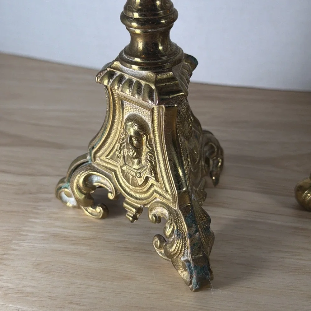 Set 3 Antique Church Altar Tall Brass Candlesticks Mary Joseph Jesus 20.5